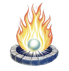 a flaming sphere resting on a circular stone platform